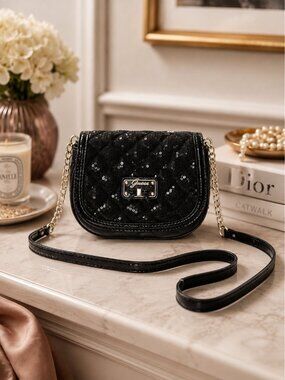 Guess Black Sequin Quilted Mini Crossbody Bag Silver Chain